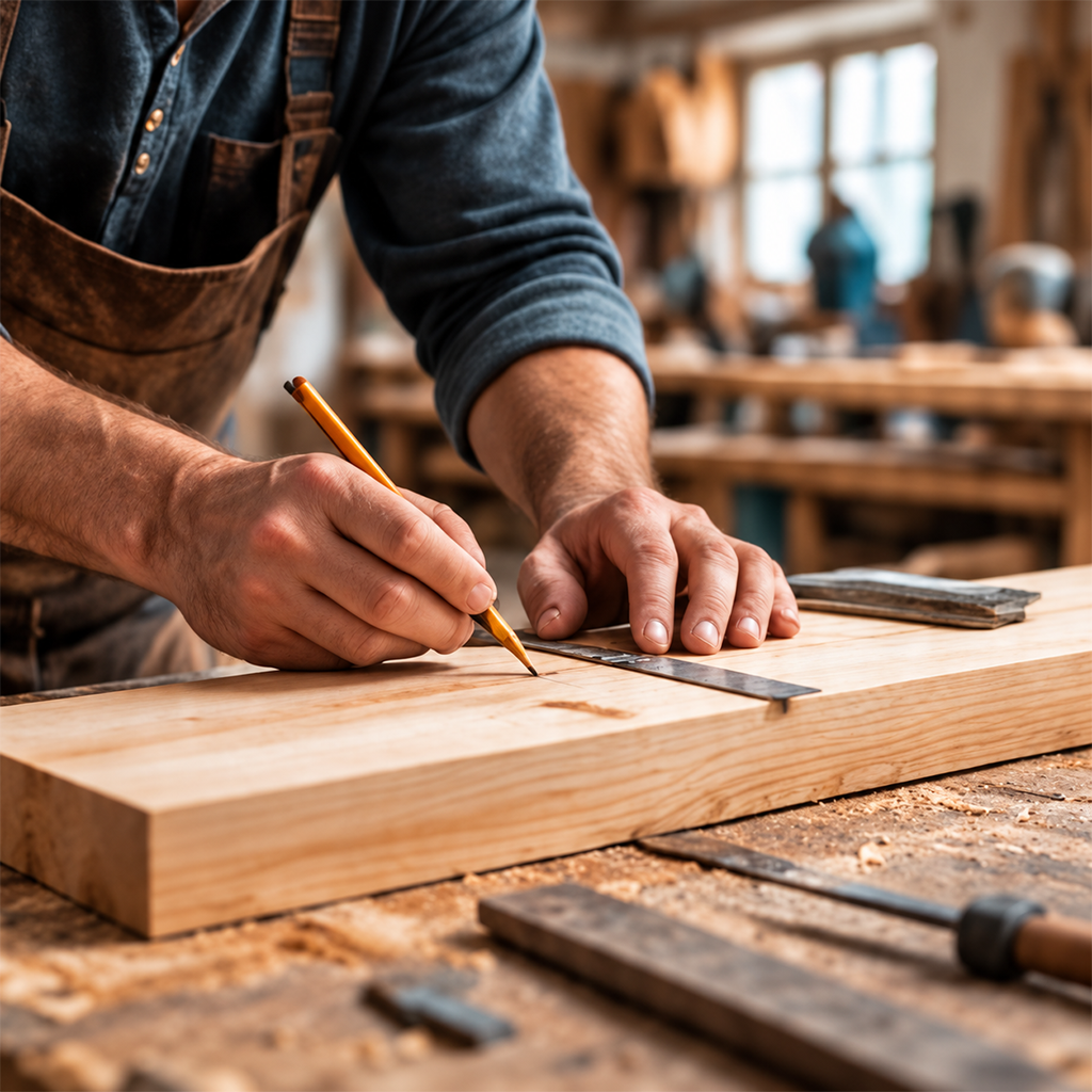 Handwerker markiert ein Holzbrett mit Bleistift und Winkel.
